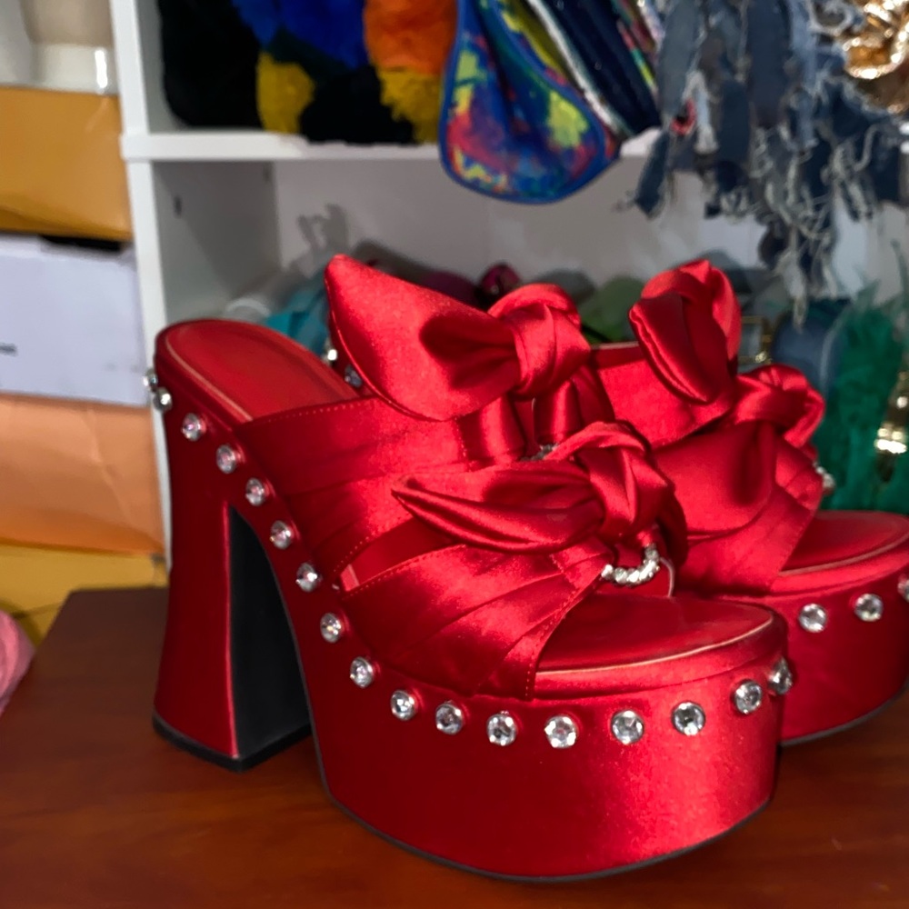 Dolls Kill Red Satin Platform Mules